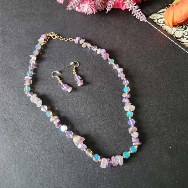 Blue Pink Stone Necklace Earrings Set - Image 2