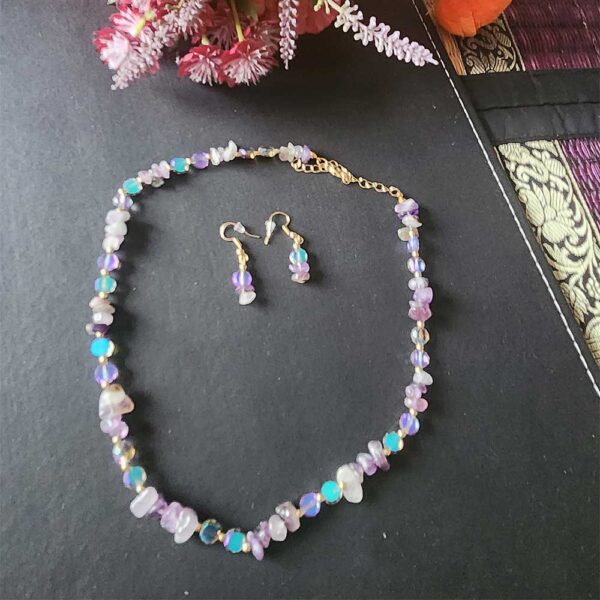 Blue Pink Stone Necklace Earrings Set