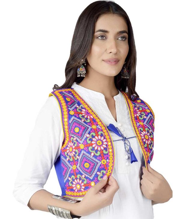 Cotton Kutchi Embroidered Short Jacket Blue - Image 3