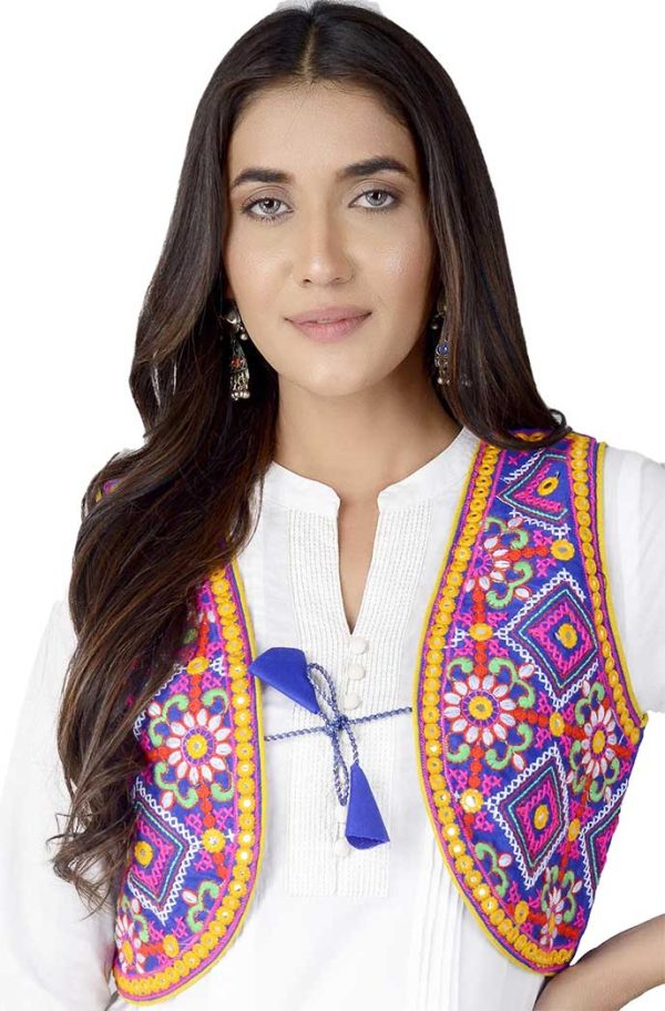 Cotton Kutchi Embroidered Short Jacket Blue - Image 2