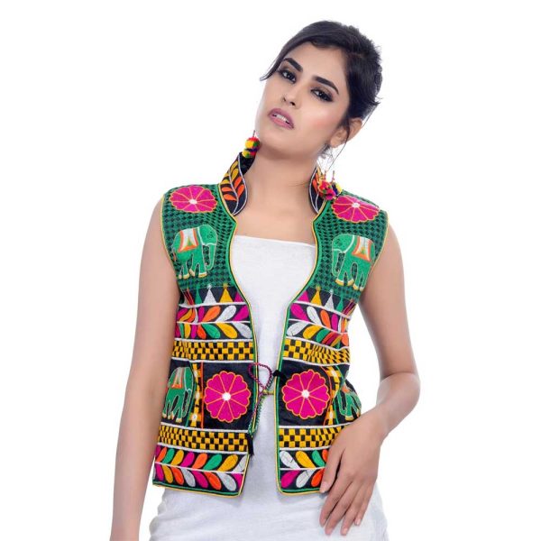 Dupion Silk Kutchi Embroidered Waist Length Jacket(Haathi) - Image 2