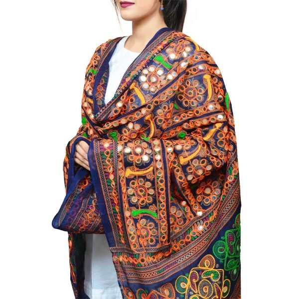Pure Cotton Aari Embroidery & Foil Mirrors Dupatta Dark Blue - Image 2