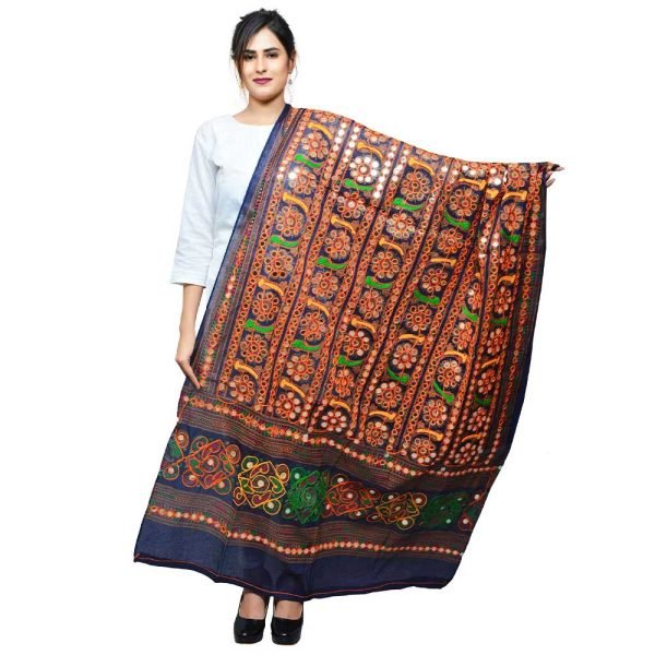 Pure Cotton Aari Embroidery & Foil Mirrors Dupatta Dark Blue