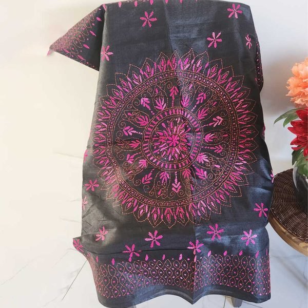 Black Cotton Silk Katha Work Saree