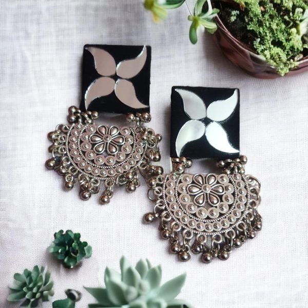 Ethnic Earrings black sqaure mirrorwork