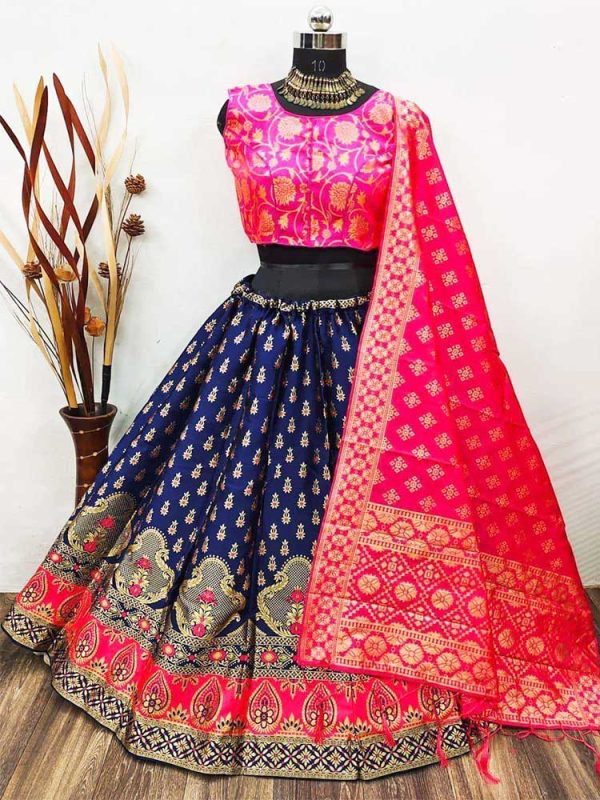 Benarsi Silk Lehenga (Blue and Pink) - Image 3