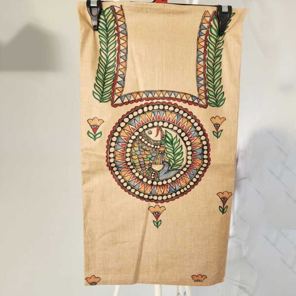 Cotton Madhubani unstitched kurta and dupatta set Cream