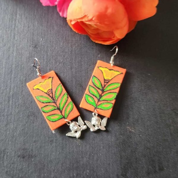 Exclusive Lightweight Madhubani Earrings Rectangular Orange