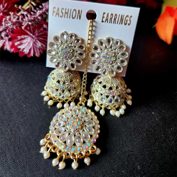 Golden White Jhumka and Mathbendi set