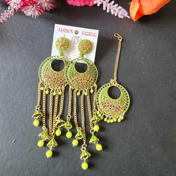 Golden Green Jhumka and Mathbendi set - Image 2