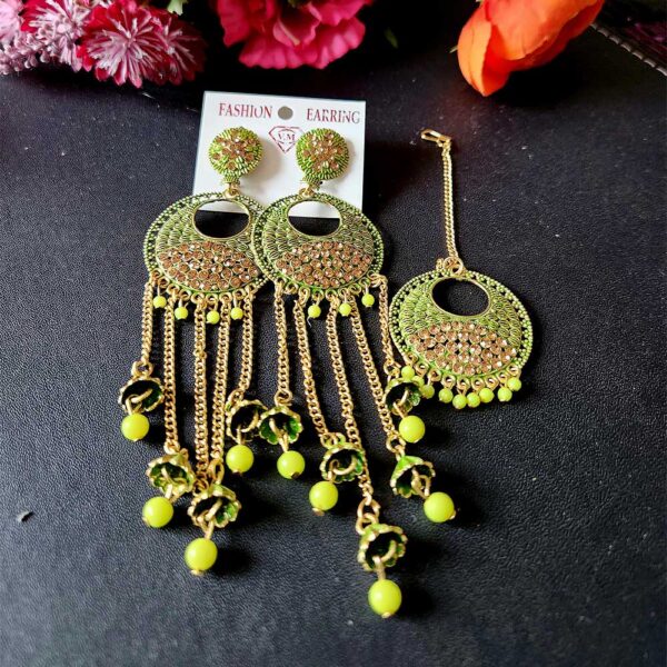 Golden Green Jhumka and Mathbendi set