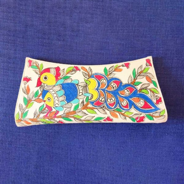 Madhubani Clutch Purse Cream Fish Bird