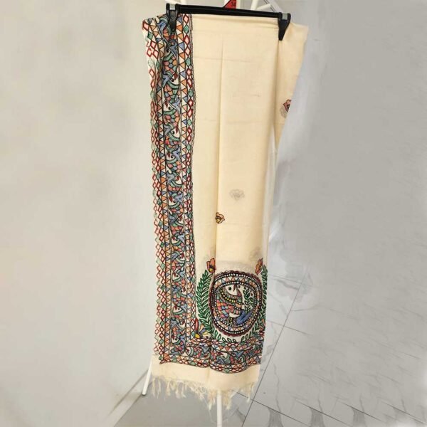 Cotton Madhubani unstitched kurta and dupatta set Cream - Image 4