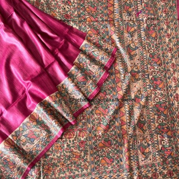 Ghicha Tussar Silk Madhubani Hand Painted Saree (Pink)