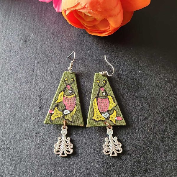 Exclusive Lightweight Madhubani Earrings Triangle Green