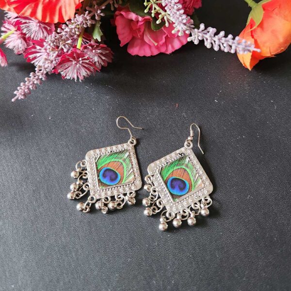 Oxidised Peacock Feather Earrings - Image 2