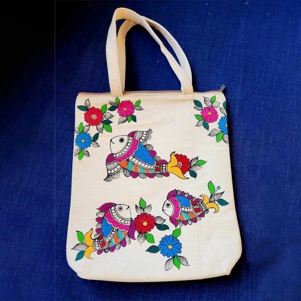Madhubani Canvas Tote Bag Fish and Flower