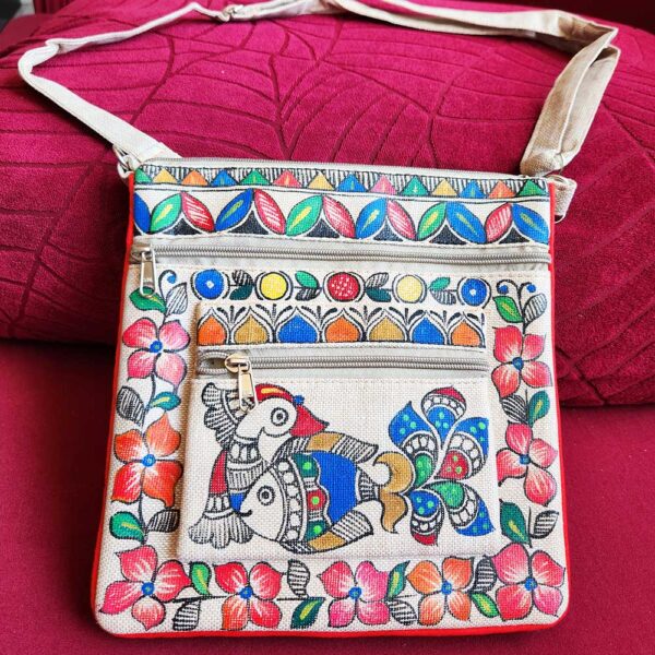 Madhubani sling bag peacock fish Jute