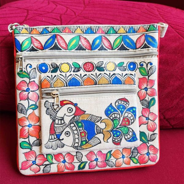 Madhubani sling bag peacock fish Jute - Image 2