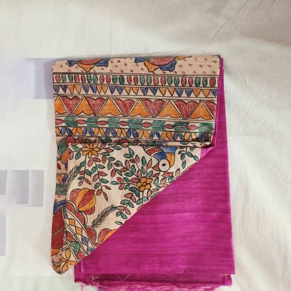 Ghicha Tussar Silk Madhubani Hand Painted Saree (Pink) - Image 4