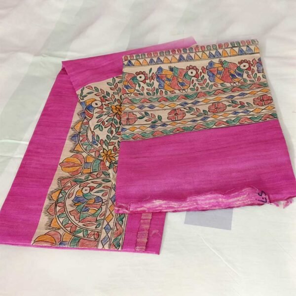 Ghicha Tussar Silk Madhubani Hand Painted Saree (Pink) - Image 3