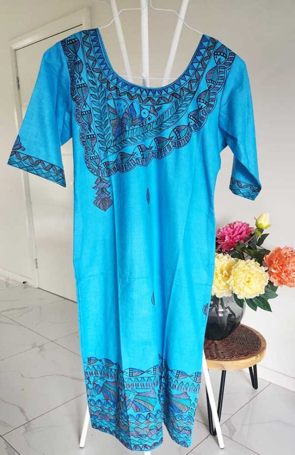Madhubani Hand Painted Readymade Women's Kurti (Blue) - Image 4