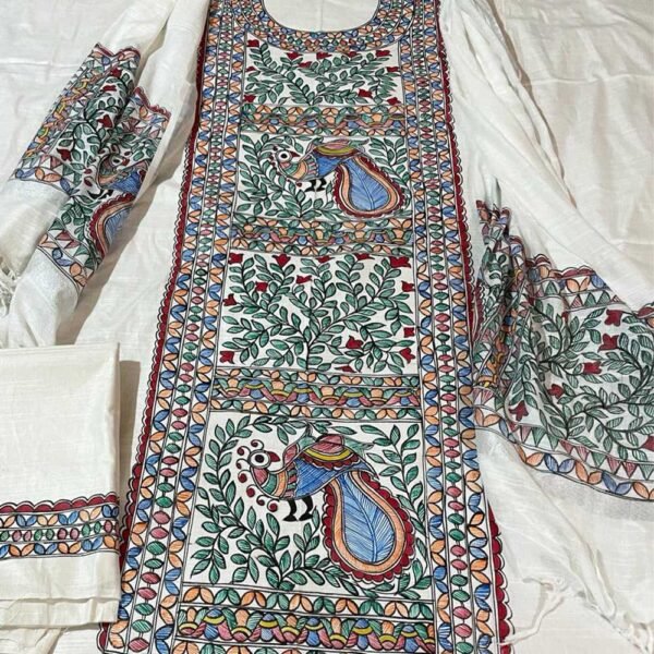 Cotton Madhubani unstitched kurta and dupatta set White