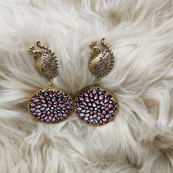 Oxidised Madhubani Peacock Earrings