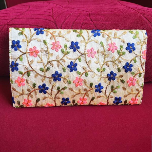 Cream Silk Embroidered Clutch