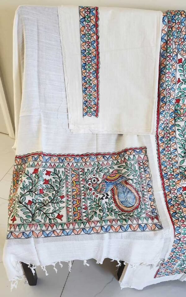 Cotton Madhubani unstitched kurta and dupatta set White - Image 2