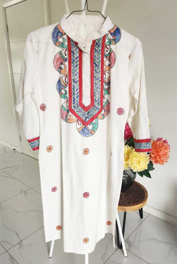 Madhubani Hand Painted Readymade Women's Kurti (Cream) - Image 2