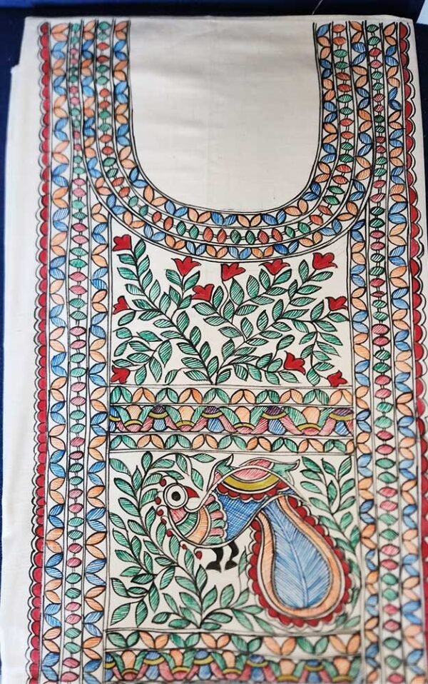Cotton Madhubani unstitched kurta and dupatta set White - Image 5