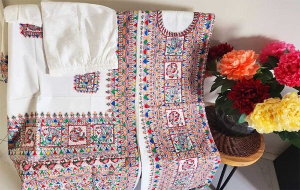 Cotton Madhubani unstitched kurta and dupatta set White - Image 2