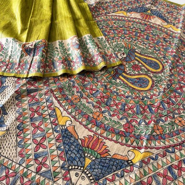 Ghicha Tussar Silk Madhubani Hand Painted Saree (Mehendi Green)