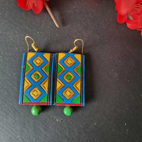 Handpainted Earrings Blue Rectangle