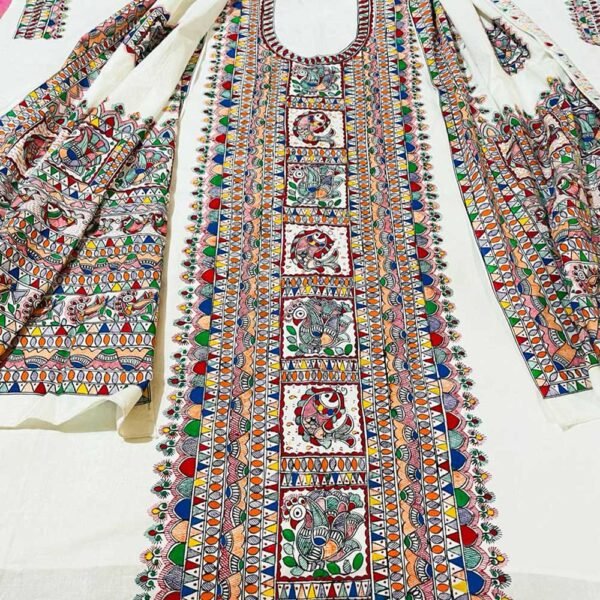 Cotton Madhubani unstitched kurta and dupatta set White