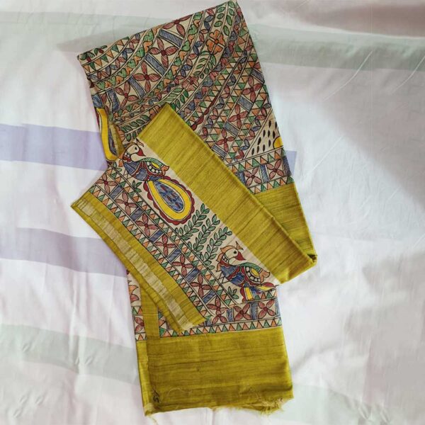 Ghicha Tussar Silk Madhubani Hand Painted Saree (Mehendi Green) - Image 2