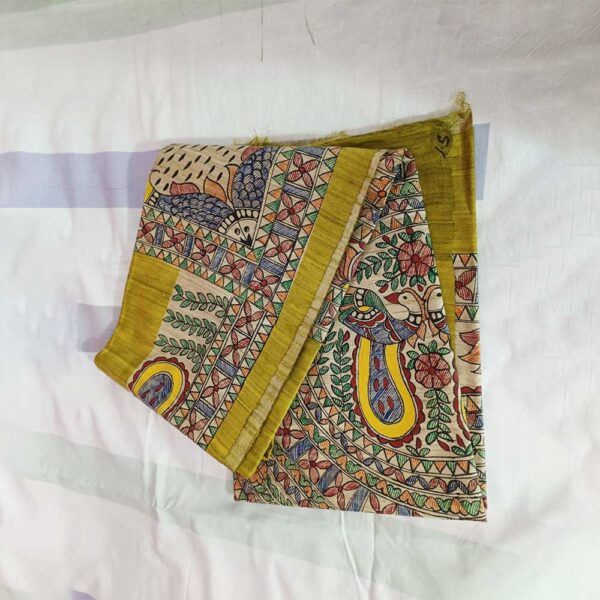 Ghicha Tussar Silk Madhubani Hand Painted Saree (Mehendi Green) - Image 4
