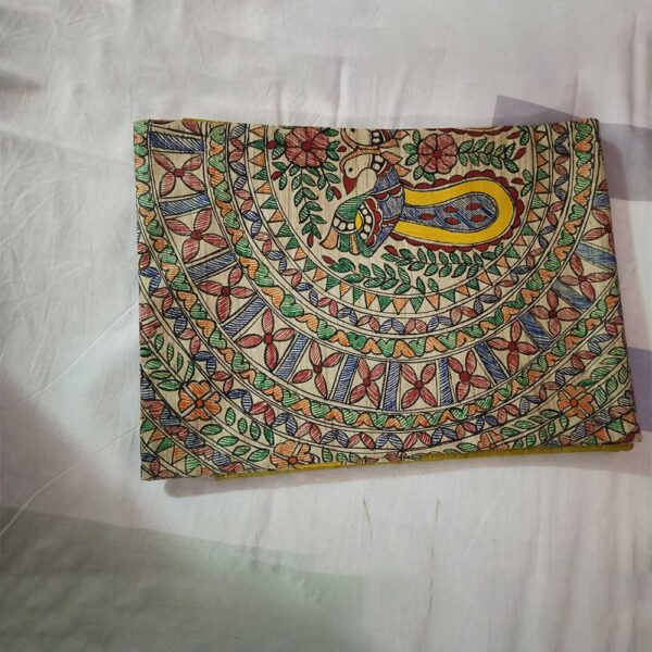 Ghicha Tussar Silk Madhubani Hand Painted Saree (Mehendi Green) - Image 3