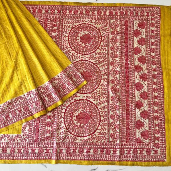 Ghicha Tussar Silk Madhubani Hand Painted Saree (Yellow)