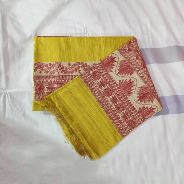 Ghicha Tussar Silk Madhubani Hand Painted Saree (Yellow) - Image 4