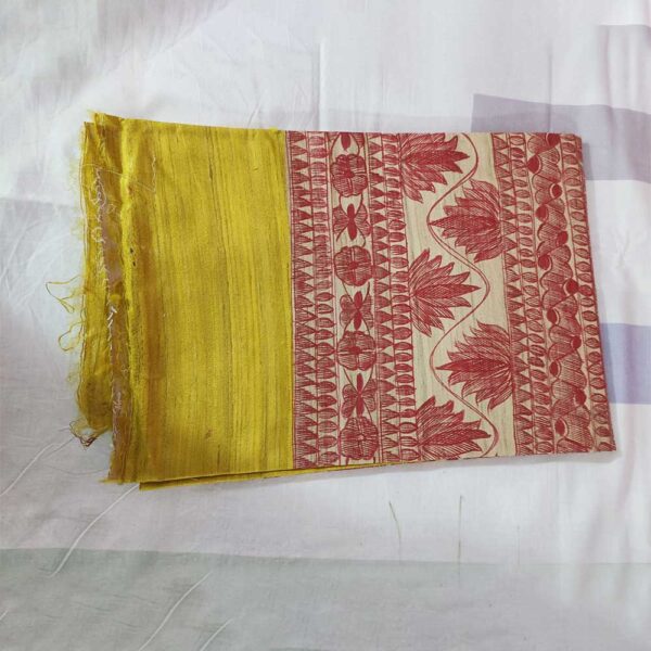 Ghicha Tussar Silk Madhubani Hand Painted Saree (Yellow) - Image 3