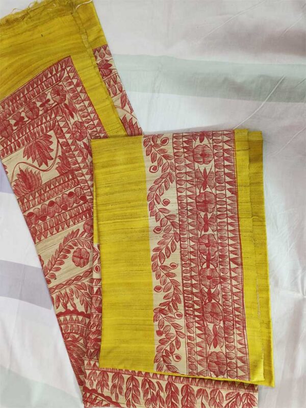 Ghicha Tussar Silk Madhubani Hand Painted Saree (Yellow) - Image 2