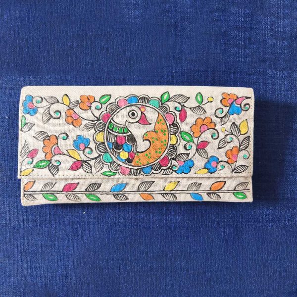 Madhubani Clutch Purse Cream Bird
