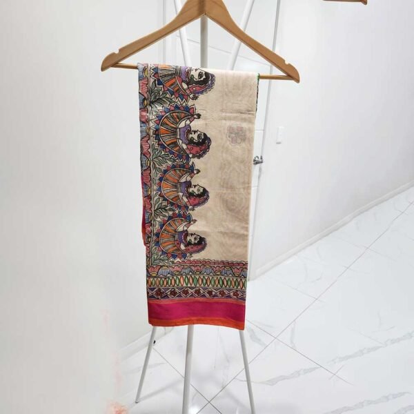 Semi Silk Madhubani hand painted off white saree with pink border