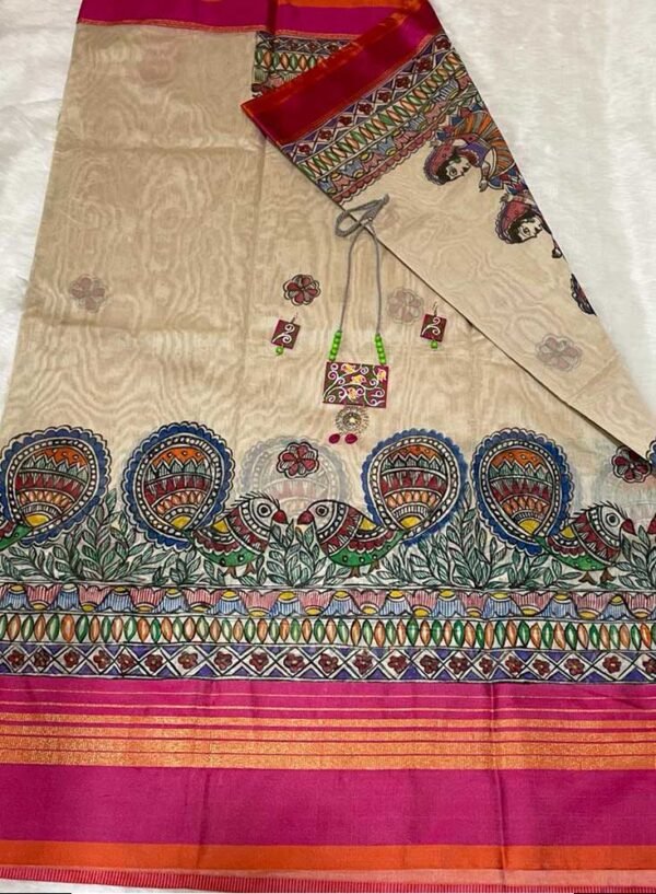 Semi Silk Madhubani hand painted off white saree with pink border - Image 4