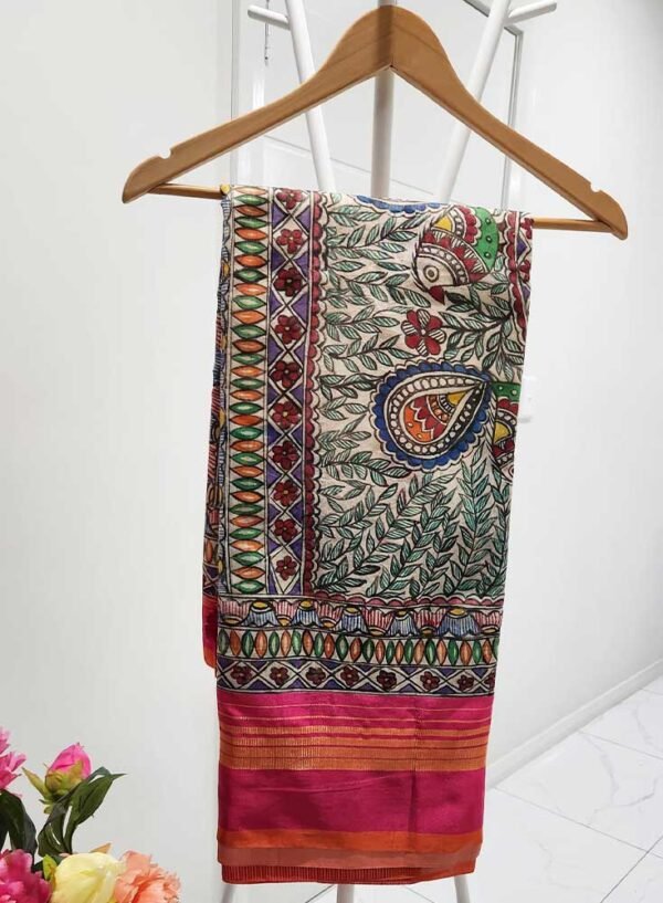 Semi Silk Madhubani hand painted off white saree with pink border - Image 3