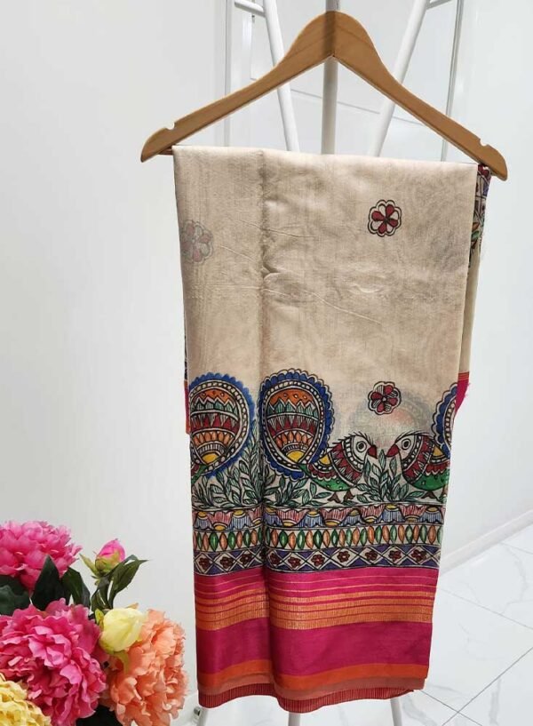 Semi Silk Madhubani hand painted off white saree with pink border - Image 2