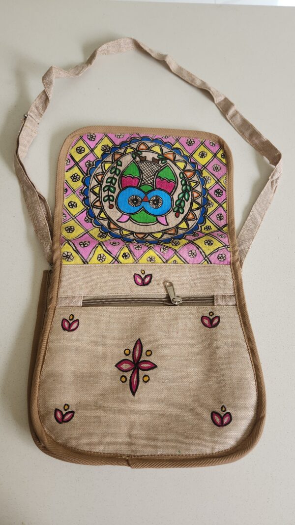 Madhubani Sling Bag Twin Owl Jute - Image 3