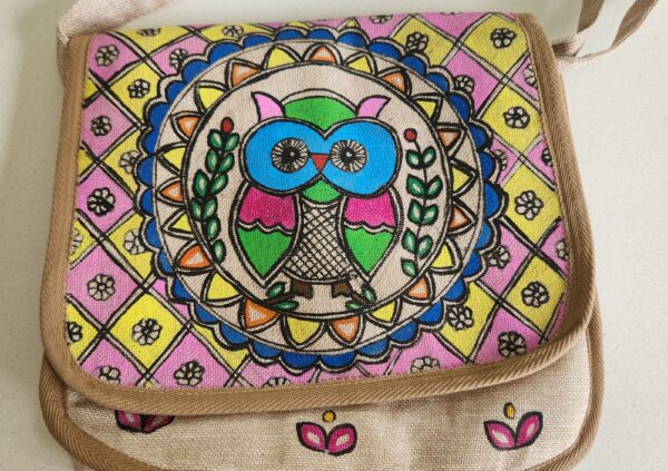 Madhubani Sling Bag Twin Owl Jute - Image 2